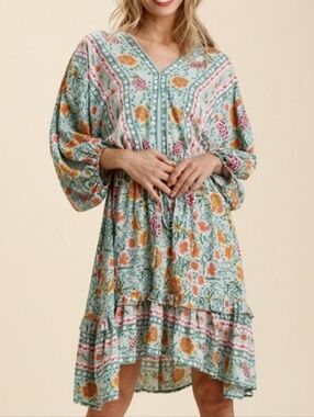 Floral Boho Drawstring Waist Dress - Mint Multi